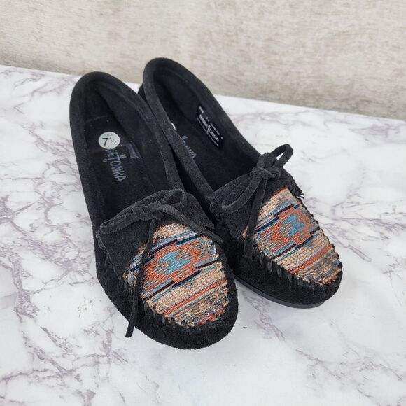 Minnetonka El Paso II Suede MOC Black Moccasins Aztec Patten Women's 7.5 - Picture 1 of 11